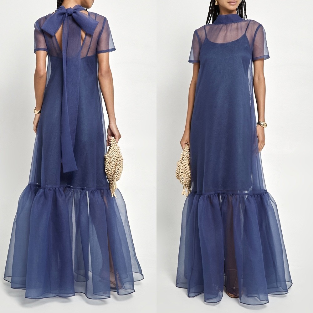 NWT CAARA Melody Organza Tie Neck Tiered Hem Dress in Navy Blue - Size Large